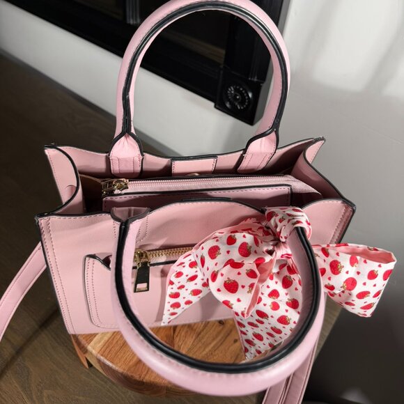 Pink Faux Leather Top Handle Satchel with Strawberry Twilly & Coin Purse Charm - Picture 9 of 15